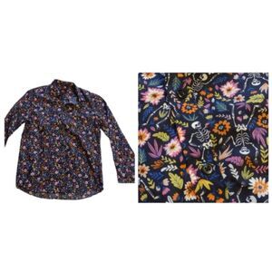 NWOT Simon Banks Halloween buttondown longsleeve shirt skeleton floral purple L